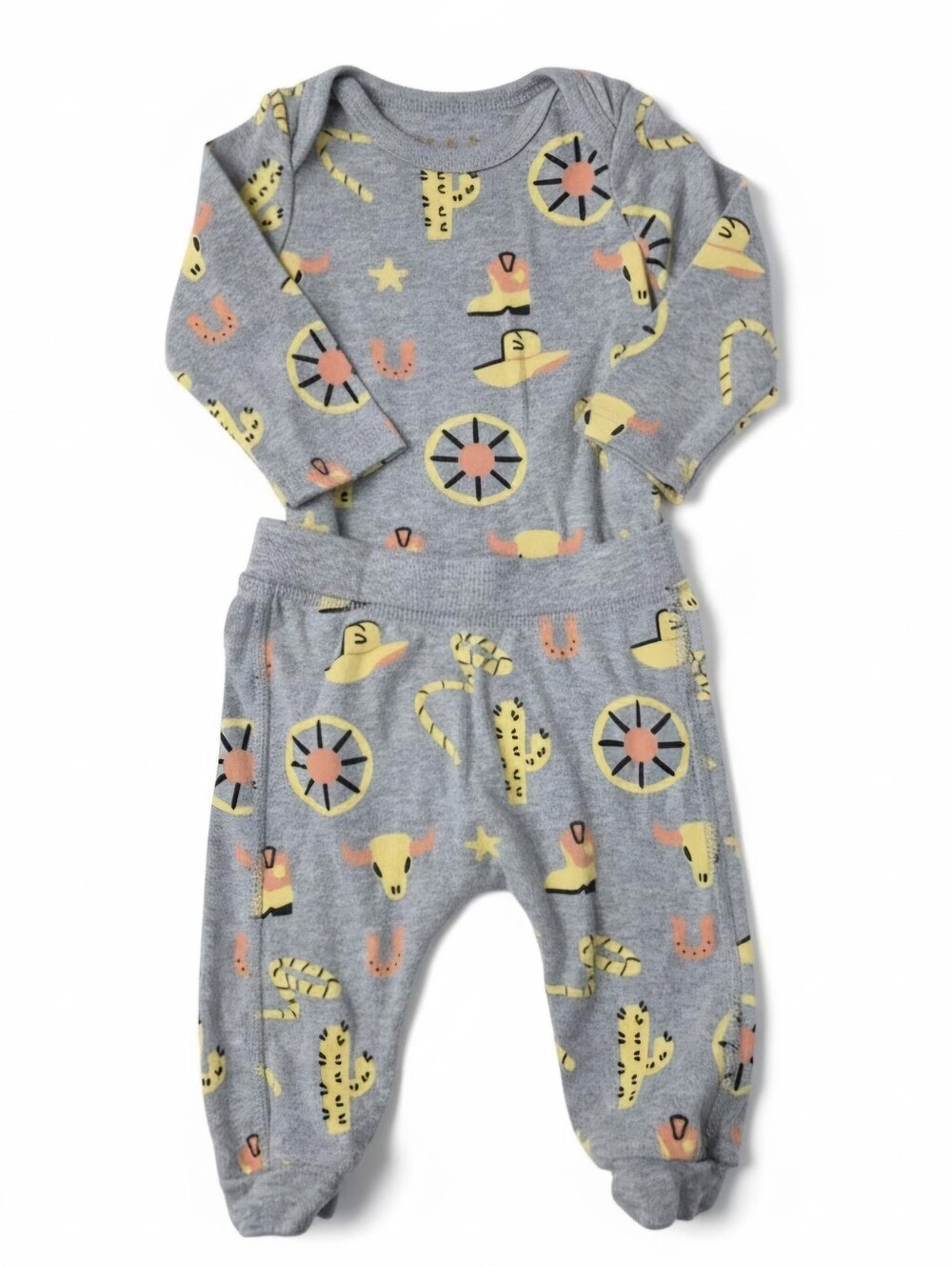 Monica + Andy Organic Cotton Western Print Bodysuit & Pants Set Grey 3-6M